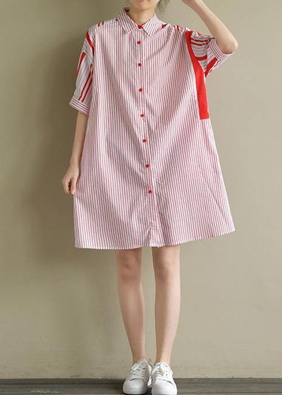 Simple lapel patchwork Cotton clothes For Women red striped Dresses summer - bagstylebliss