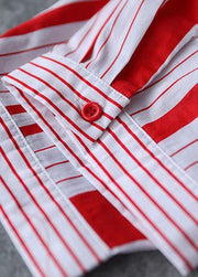 Simple lapel patchwork Cotton clothes For Women red striped Dresses summer - bagstylebliss