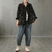 Simple lapel pockets fall crane tops pattern black print shirt - bagstylebliss