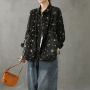 Simple lapel pockets fall crane tops pattern black print shirt - bagstylebliss