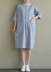 Simple lapel pockets linen dresses Ideas blue gray Plaid Dress summer - bagstylebliss