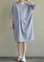 Simple lapel pockets linen dresses Ideas blue gray Plaid Dress summer - bagstylebliss