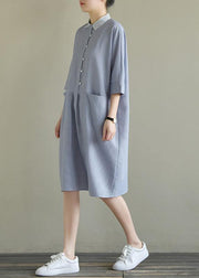 Simple lapel pockets linen dresses Ideas blue gray Plaid Dress summer - bagstylebliss