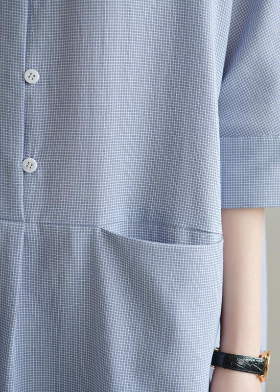 Simple lapel pockets linen dresses Ideas blue gray Plaid Dress summer - bagstylebliss