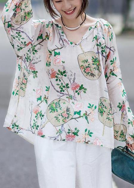 Simple linen box top Fashion Print Cotton Linen V-Neck Lantern Sleeve Blouse - bagstylebliss