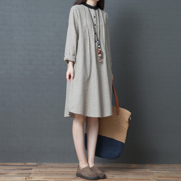 Simple long sleeve linen dress Organic Work Outfits black striped Art Dress stand collar