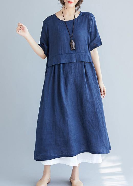 Simple navy cotton quilting dresses o neck pockets loose summer Dress - bagstylebliss