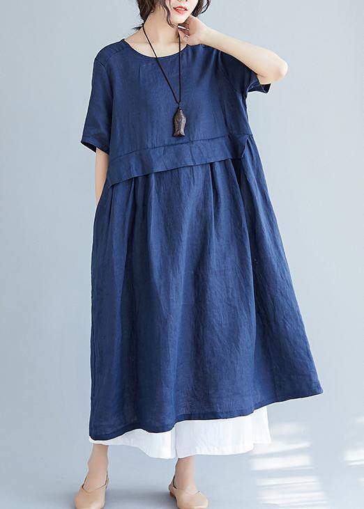 Simple navy cotton quilting dresses o neck pockets loose summer Dress - bagstylebliss