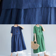 Simple navy cotton quilting dresses o neck pockets loose summer Dress - bagstylebliss