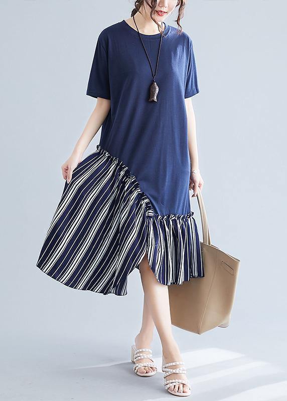 Simple navy patchwork striped cotton Tunics o neck long summer Dress - bagstylebliss