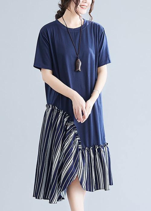 Simple navy patchwork striped cotton Tunics o neck long summer Dress - bagstylebliss