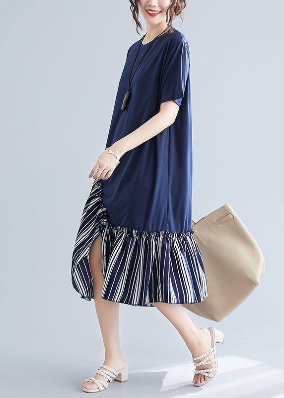 Simple navy patchwork striped cotton Tunics o neck long summer Dress - bagstylebliss