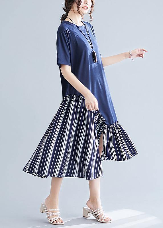 Simple navy patchwork striped cotton Tunics o neck long summer Dress - bagstylebliss