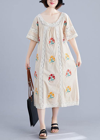 Simple nude embroidery cotton clothes o neck pockets robes summer Dress - bagstylebliss