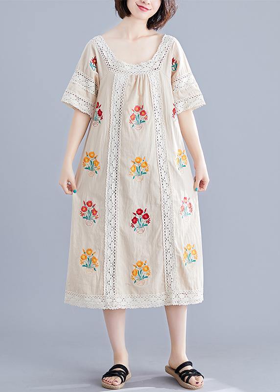 Simple nude embroidery cotton clothes o neck pockets robes summer Dress - bagstylebliss