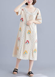 Simple nude embroidery cotton clothes o neck pockets robes summer Dress - bagstylebliss