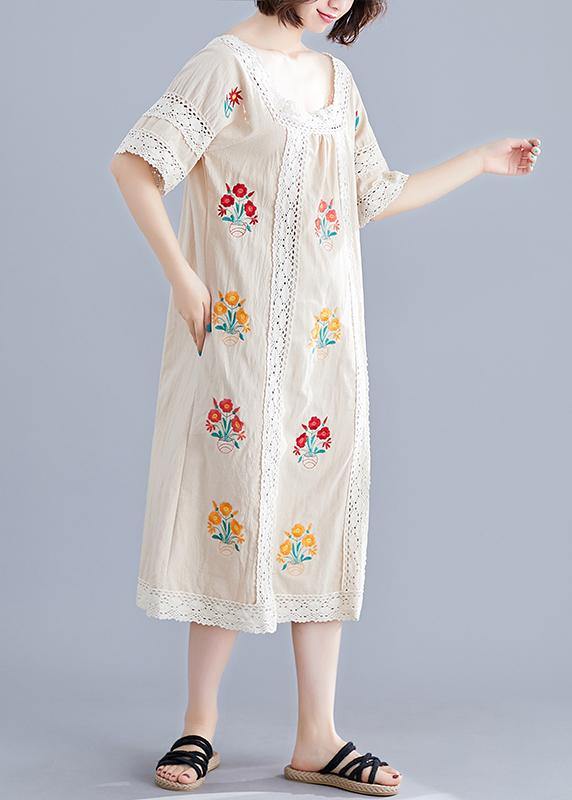 Simple nude embroidery cotton clothes o neck pockets robes summer Dress - bagstylebliss