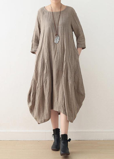 Simple nude linen Long Shirts o neck asymmetric linen robes Dresses - bagstylebliss