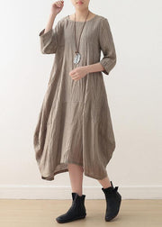 Simple nude linen Long Shirts o neck asymmetric linen robes Dresses - bagstylebliss