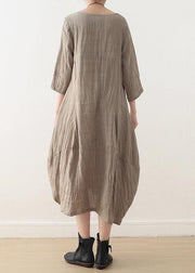 Simple nude linen Long Shirts o neck asymmetric linen robes Dresses - bagstylebliss