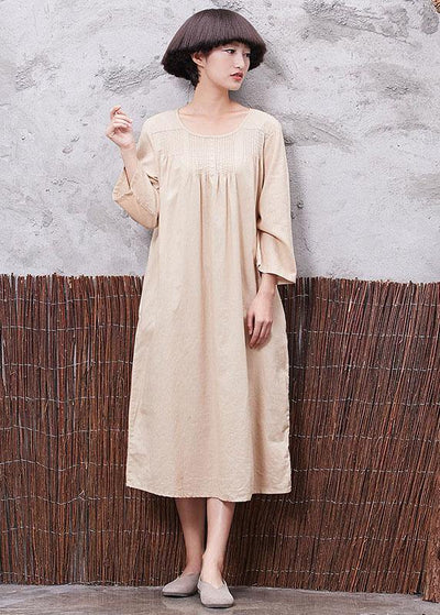 Simple nude linen quilting dresses Cinched Robe summer Dress - bagstylebliss