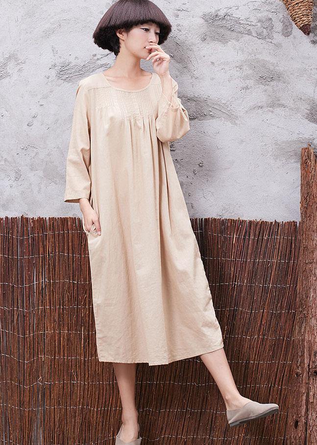 Simple nude linen quilting dresses Cinched Robe summer Dress - bagstylebliss