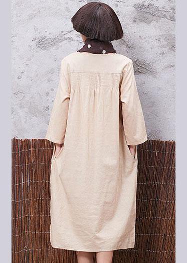 Simple nude linen quilting dresses Cinched Robe summer Dress - bagstylebliss