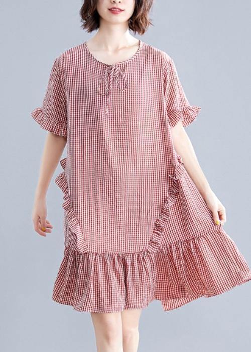 Simple o neck Ruffles Cotton clothes Inspiration red plaid Dress - bagstylebliss