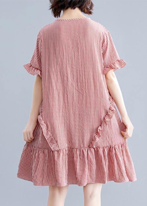 Simple o neck Ruffles Cotton clothes Inspiration red plaid Dress - bagstylebliss