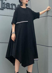 Simple o neck asymmetric Cotton summer clothes Work black Dresses - bagstylebliss