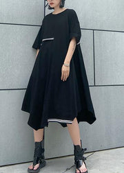 Simple o neck asymmetric Cotton summer clothes Work black Dresses - bagstylebliss