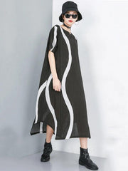 Simple o neck asymmetric cotton dress black striped Dress - bagstylebliss