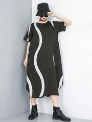 Simple o neck asymmetric cotton dress black striped Dress - bagstylebliss