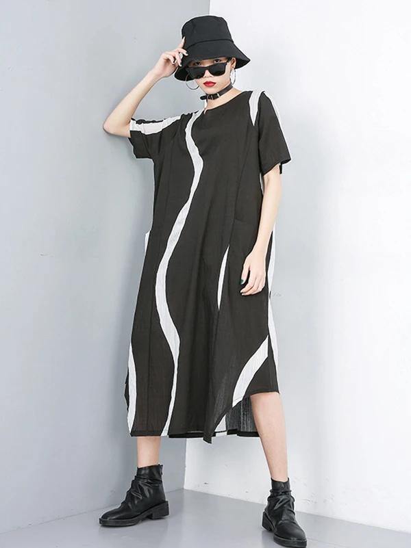 Simple o neck asymmetric cotton dress black striped Dress - bagstylebliss