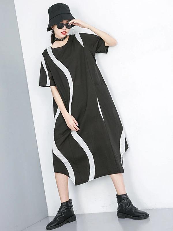 Simple o neck asymmetric cotton dress black striped Dress - bagstylebliss