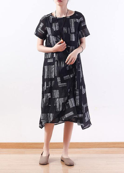 Simple o neck asymmetric linen dresses black print Dress - bagstylebliss