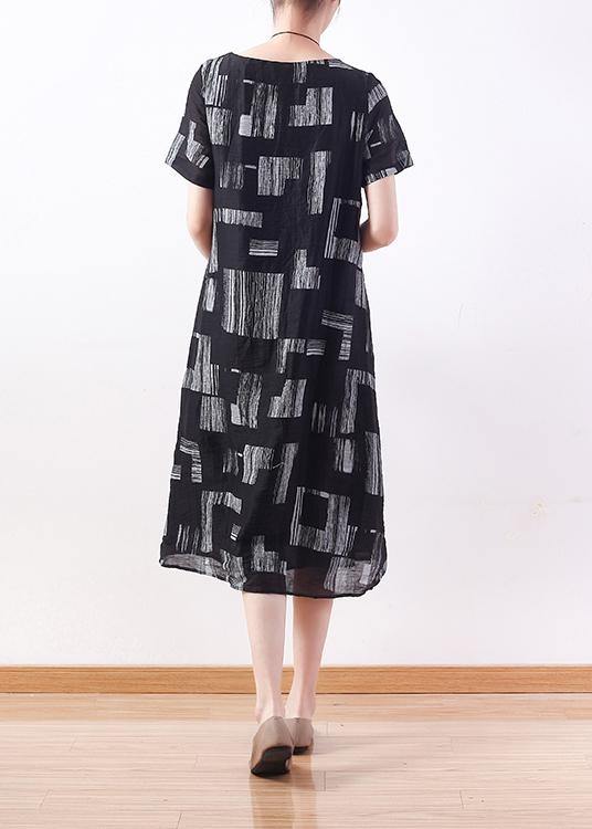 Simple o neck asymmetric linen dresses black print Dress - bagstylebliss
