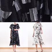 Simple o neck asymmetric linen dresses black print Dress - bagstylebliss