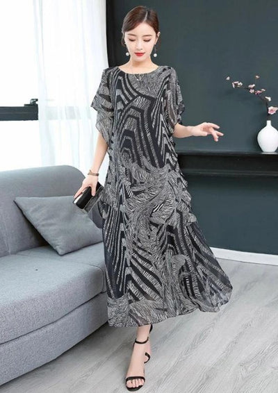 Simple o neck chiffon Wardrobes Women Sewing black print Kaftan Dress - bagstylebliss