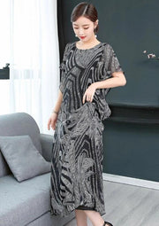 Simple o neck chiffon Wardrobes Women Sewing black print Kaftan Dress - bagstylebliss