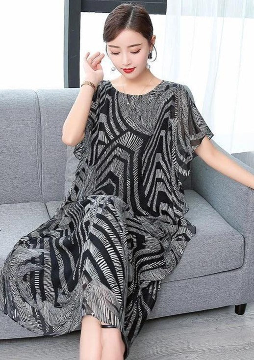 Simple o neck chiffon Wardrobes Women Sewing black print Kaftan Dress - bagstylebliss