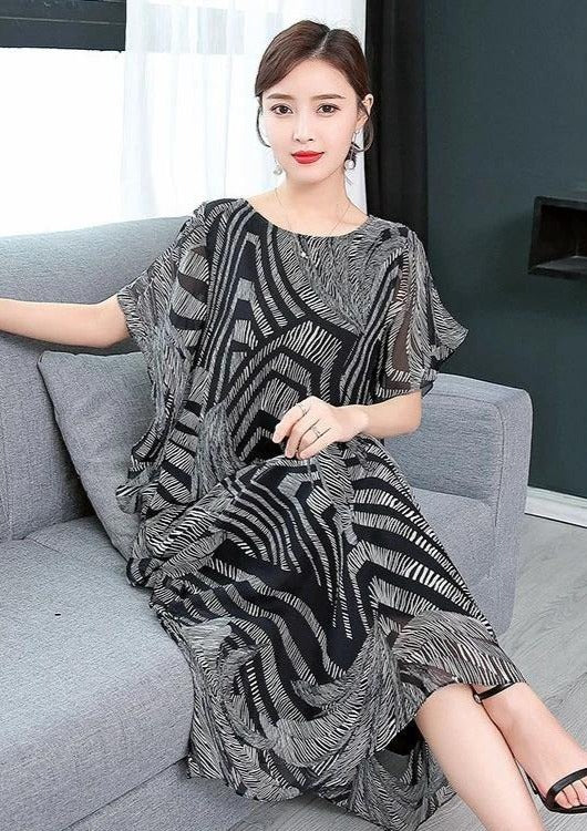 Simple o neck chiffon Wardrobes Women Sewing black print Kaftan Dress - bagstylebliss