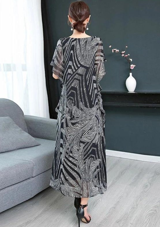 Simple o neck chiffon Wardrobes Women Sewing black print Kaftan Dress - bagstylebliss