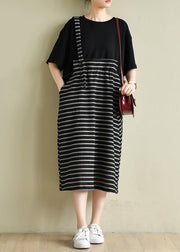 Simple o neck clothes Women Runway black patchwork striped Maxi Dress - bagstylebliss