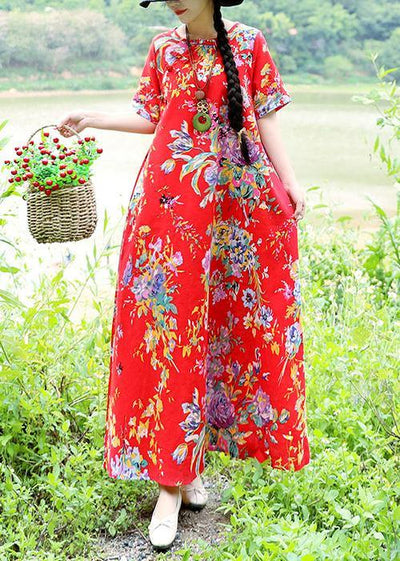 Simple o neck cotton Wardrobes Sewing red prints Traveling Dresses summer - bagstylebliss