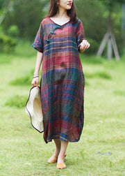 Simple o neck half sleeve linen summer dresses Photography plaid Dress - bagstylebliss