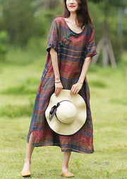 Simple o neck half sleeve linen summer dresses Photography plaid Dress - bagstylebliss