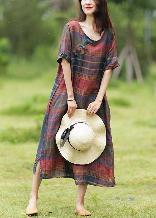 Simple o neck half sleeve linen summer dresses Photography plaid Dress - bagstylebliss