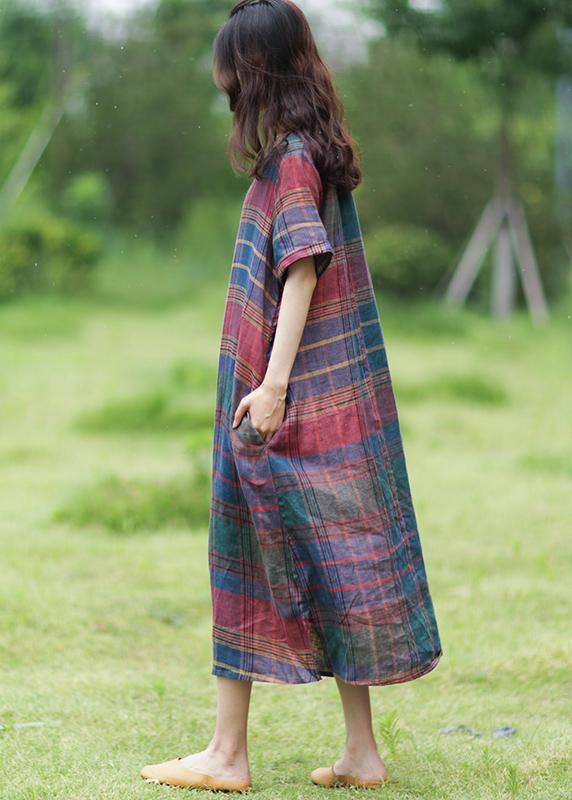 Simple o neck half sleeve linen summer dresses Photography plaid Dress - bagstylebliss