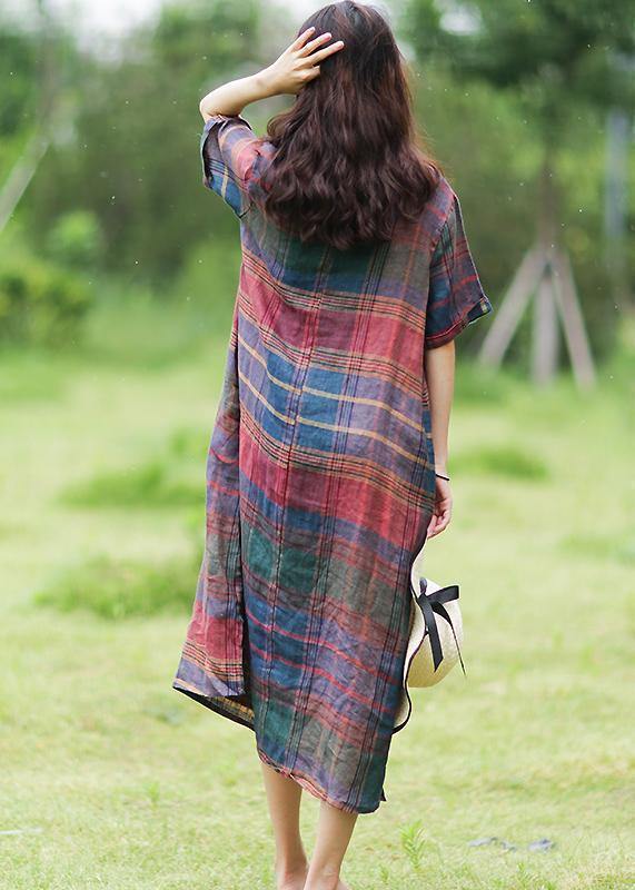 Simple o neck half sleeve linen summer dresses Photography plaid Dress - bagstylebliss